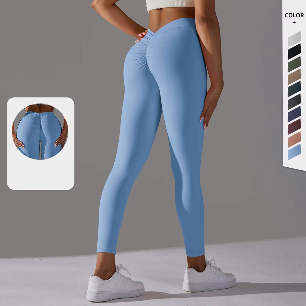 V-Waist Scrunch Bottom Solid Yoga Pants Peach Hip up Sports Running Fitness Tight Women Leggings