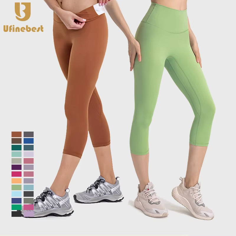 21-Inch High Quality Scrunch Butt Yoga Capri Pants for Women Elastic Waist Sports Fitness Running Leggings Solid Pattern