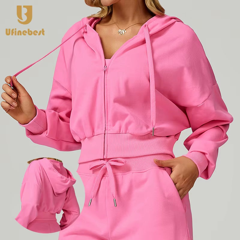 Women'S Loose Casual Crop Hoodies Full Zipper Breathable Sports Jacket Hood Autumn Long Sleeve Sweatshirts Custom Logo Knitted