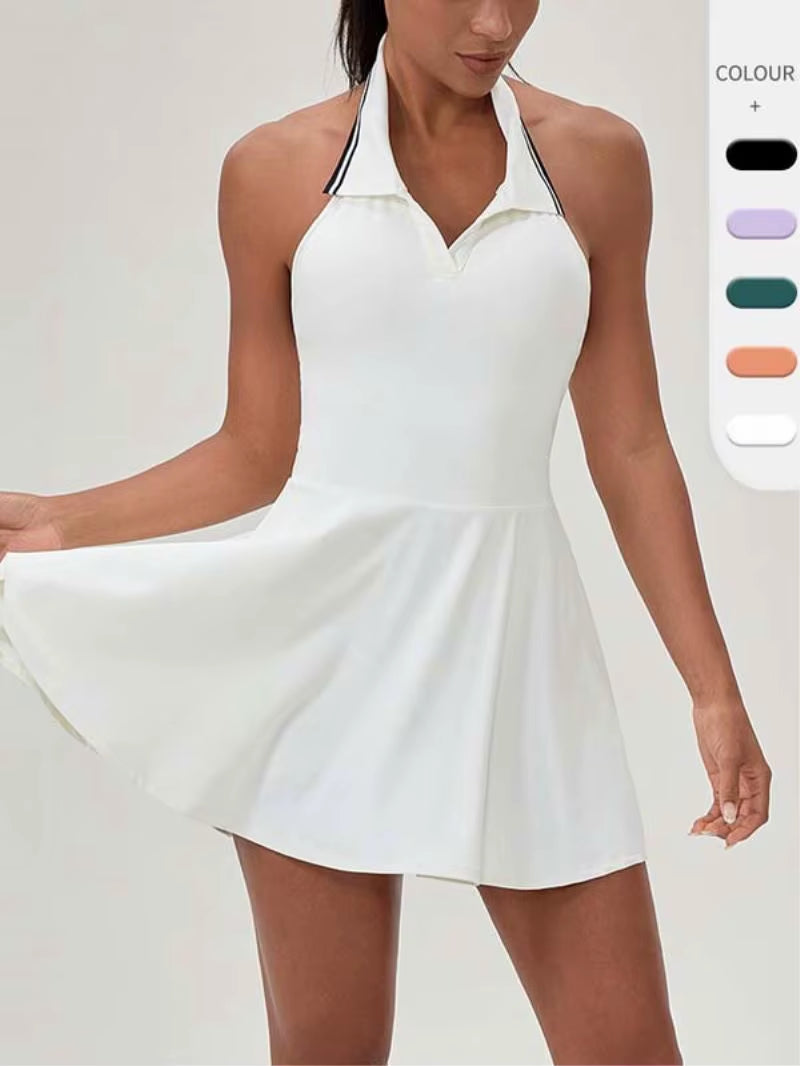 2025 Custom Logo Women'S Breathable Golf Tennis Dress Beautiful Back Workout Sport V Polo Neck Sleeveless Halter Tennis Skirt
