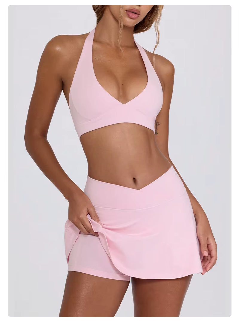 Women'S Halter V Neck Bra Tennis Skirt Custom Logo 2-Piece Solid Breathable Yoga Golf Tennis Sport Wear Front Fitness Outfits