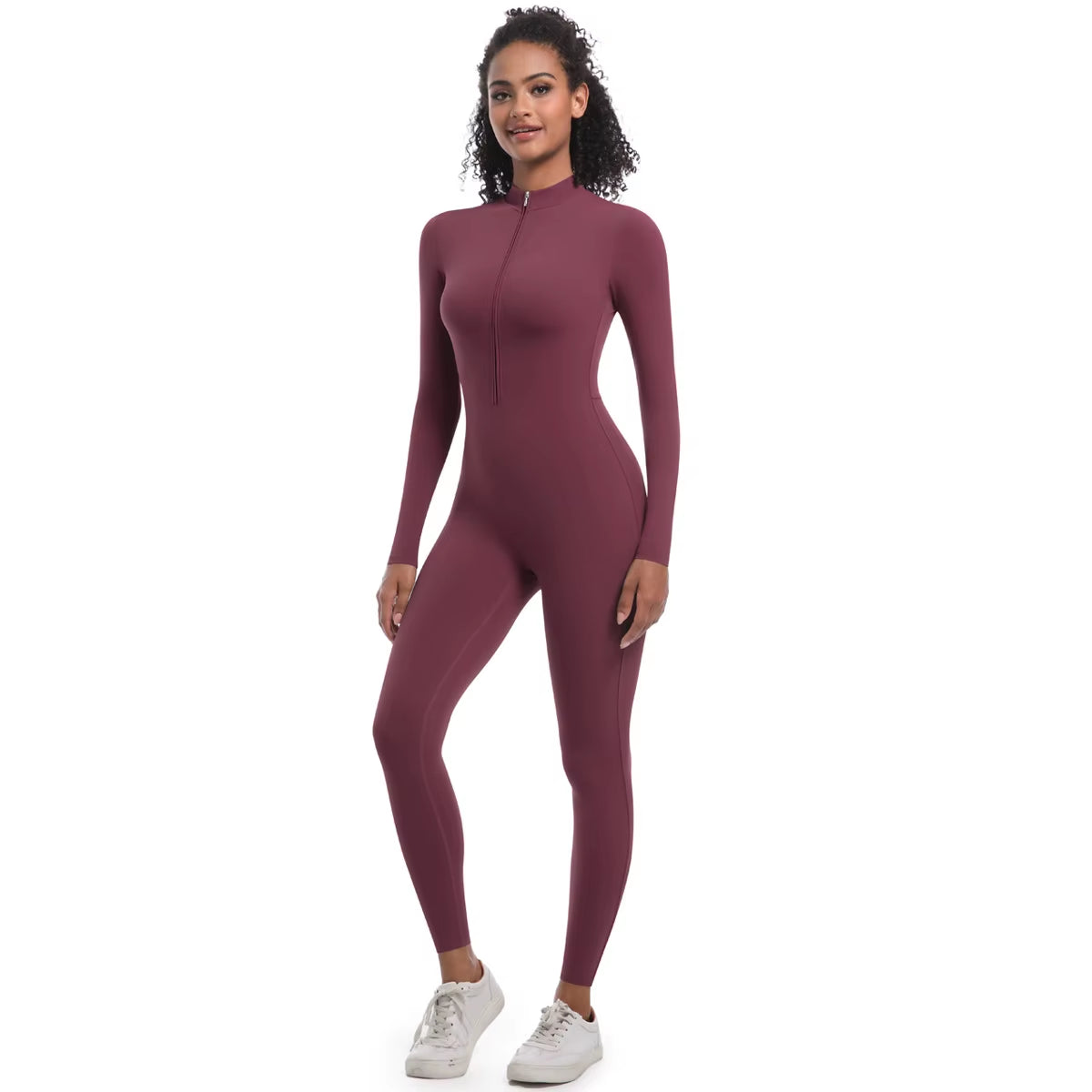 New High Elastic Long Yoga Jumpsuit Half Zipper Solid Color Fitness Bodysuit