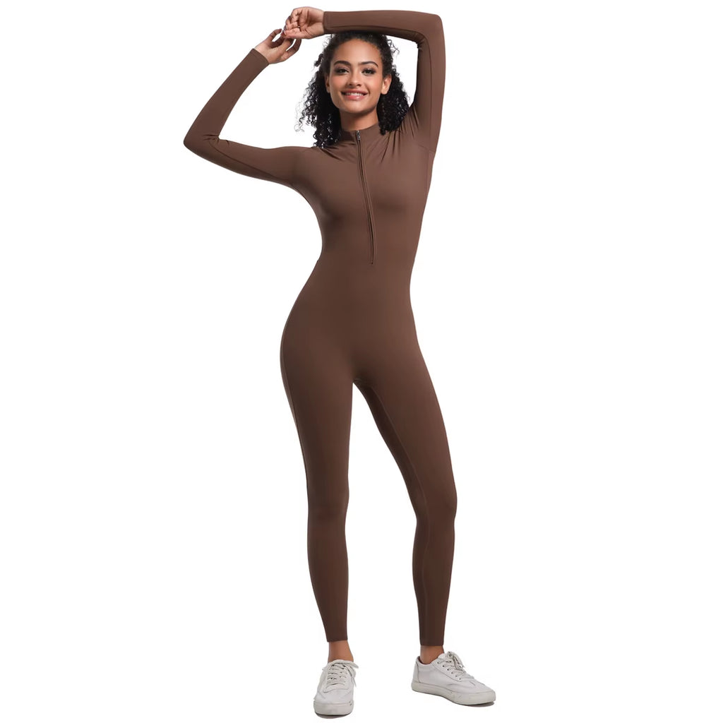 New High Elastic Long Yoga Jumpsuit Half Zipper Solid Color Fitness Bodysuit