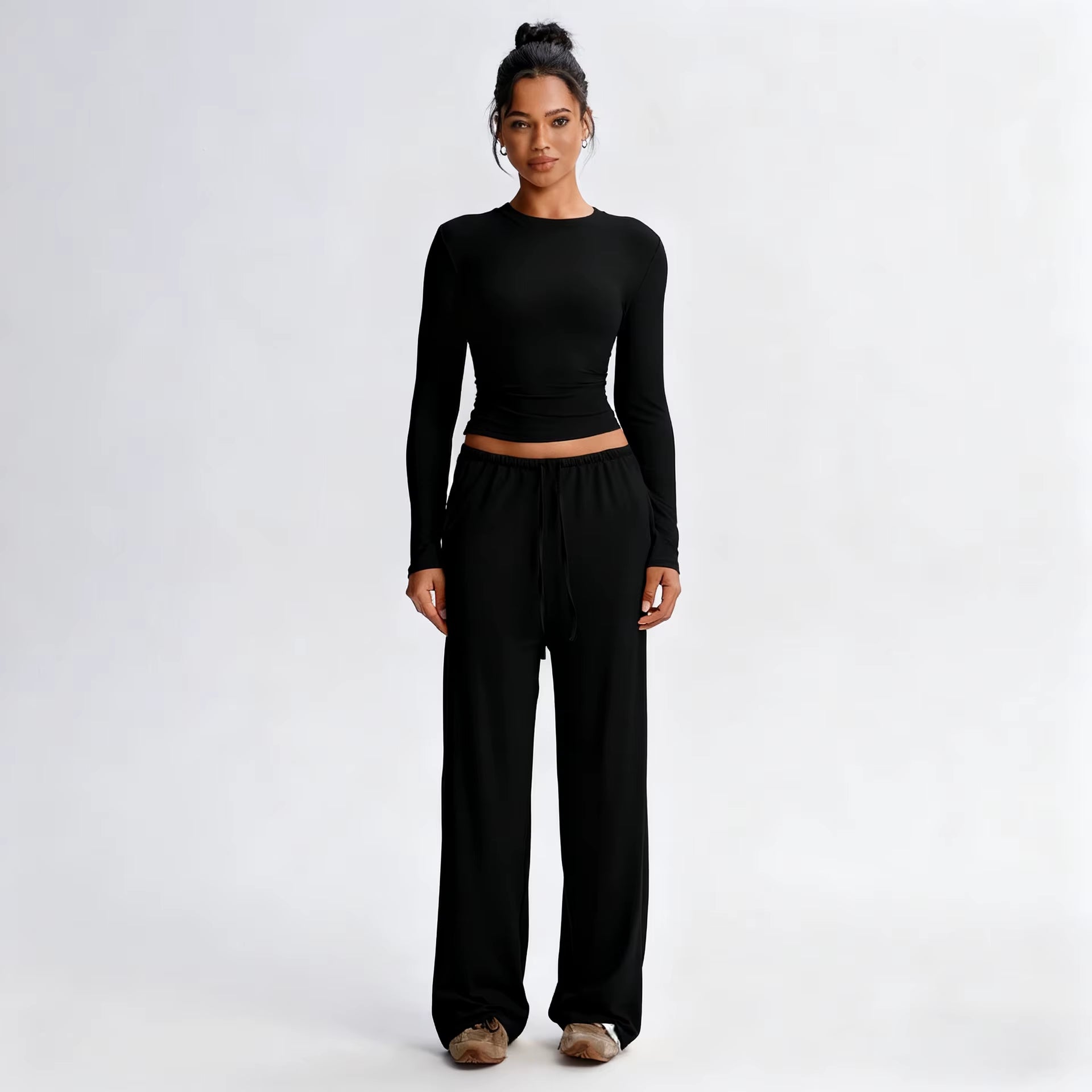 Under Lulu Custom Solid Color Casual Long Sleeve Suit Top High Waist Wide Leg Pants Sports Yoga 2-Piece Set Drawstring Closure