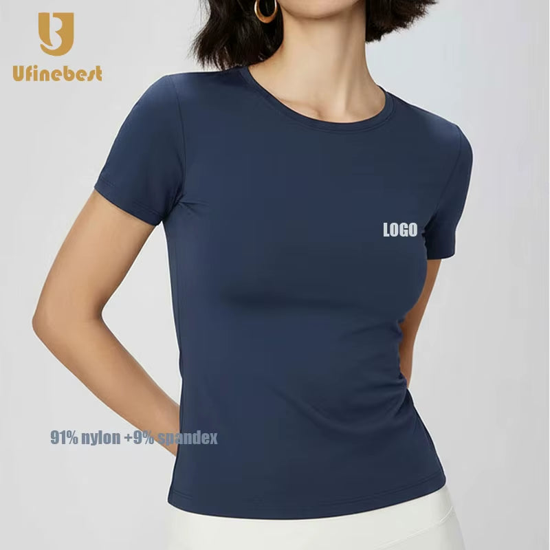 Solid Nude-Feel Yoga Top Casual Fitness T-Shirt Neck Slim Fit Quick-Drying Sports Cycling Short T Shirts for Summer