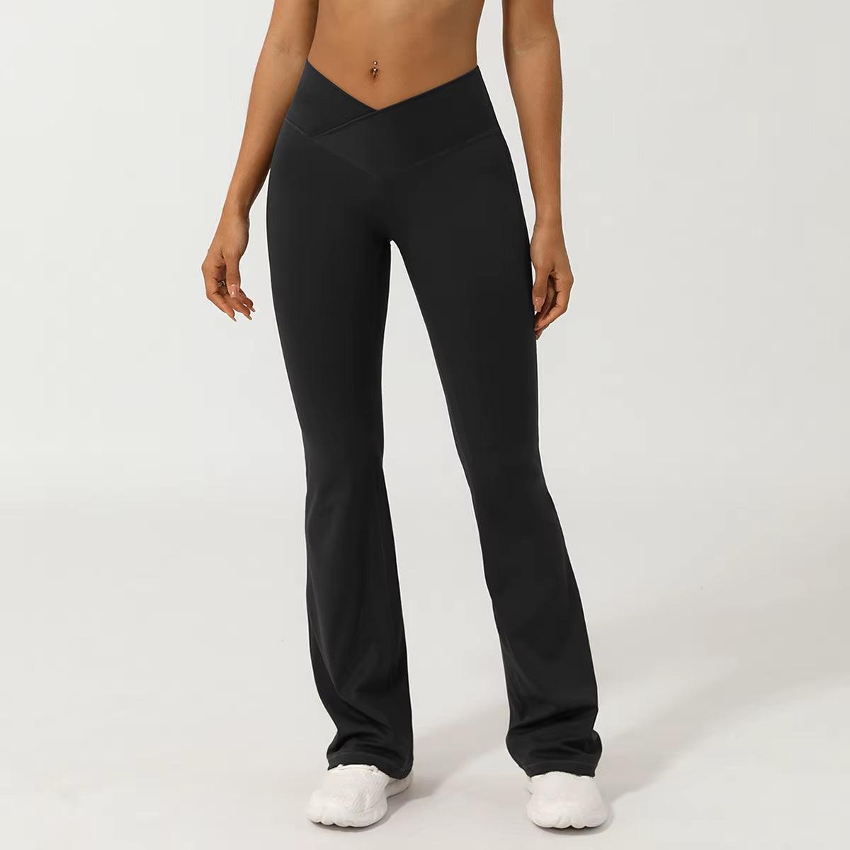 High Waist Gym Pants with Cross V Waistband No Front Seam Wide Leg Fitness Trousers Butt Lifting Yoga Leggings Solid Pattern