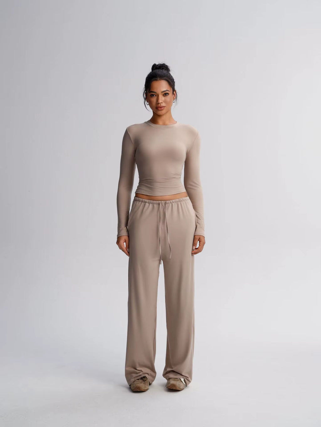 Under Lulu Custom Solid Color Casual Long Sleeve Suit Top High Waist Wide Leg Pants Sports Yoga 2-Piece Set Drawstring Closure