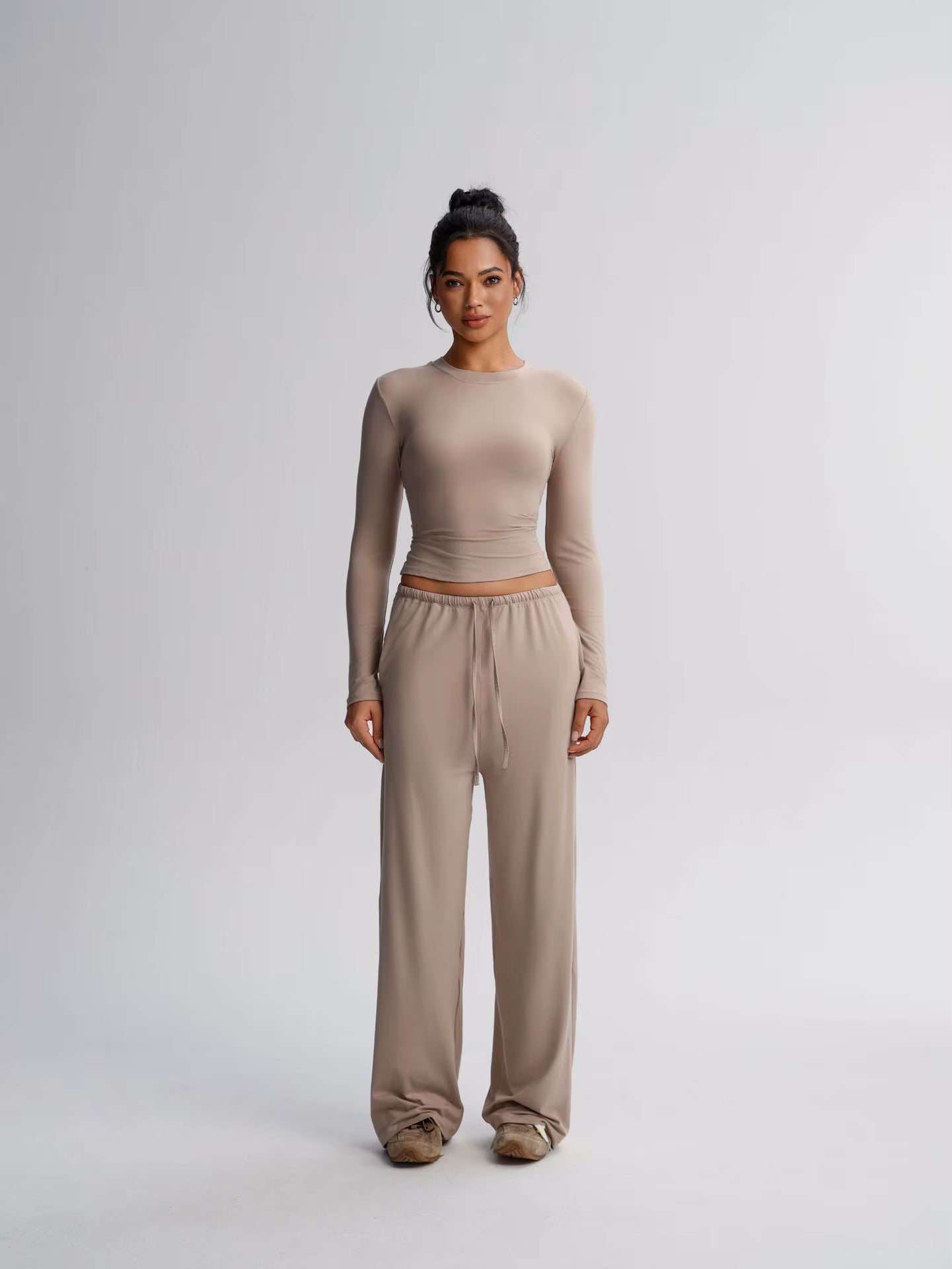 Under Lulu Custom Solid Color Casual Long Sleeve Suit Top High Waist Wide Leg Pants Sports Yoga 2-Piece Set Drawstring Closure