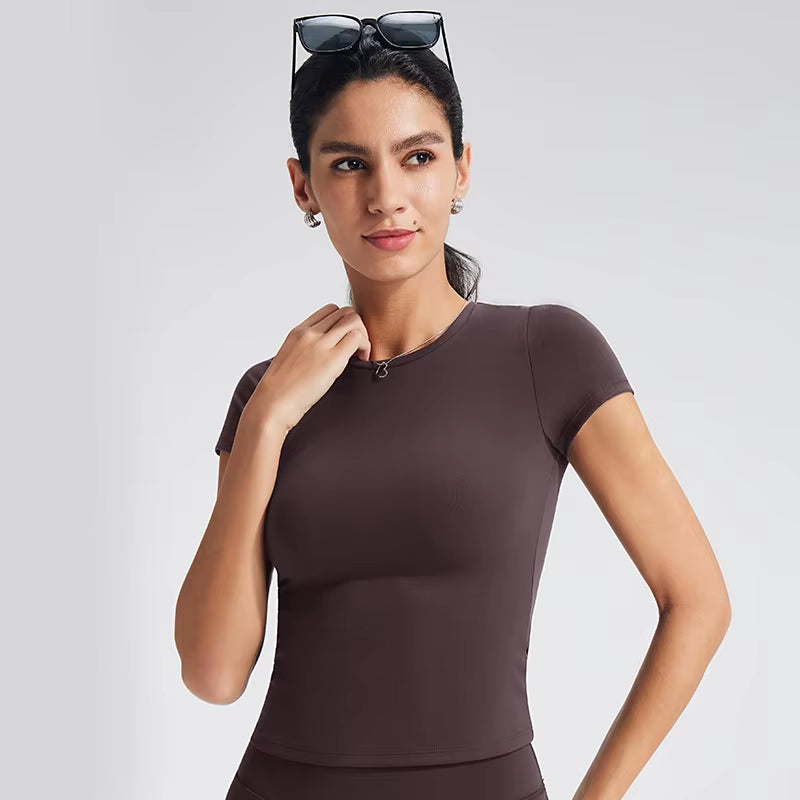 Naked Crewneck Shoulder Nine Quarter Sleeve Slim-Fit Casual Fitness Sports Top Yoga Clothes Breathable for Women