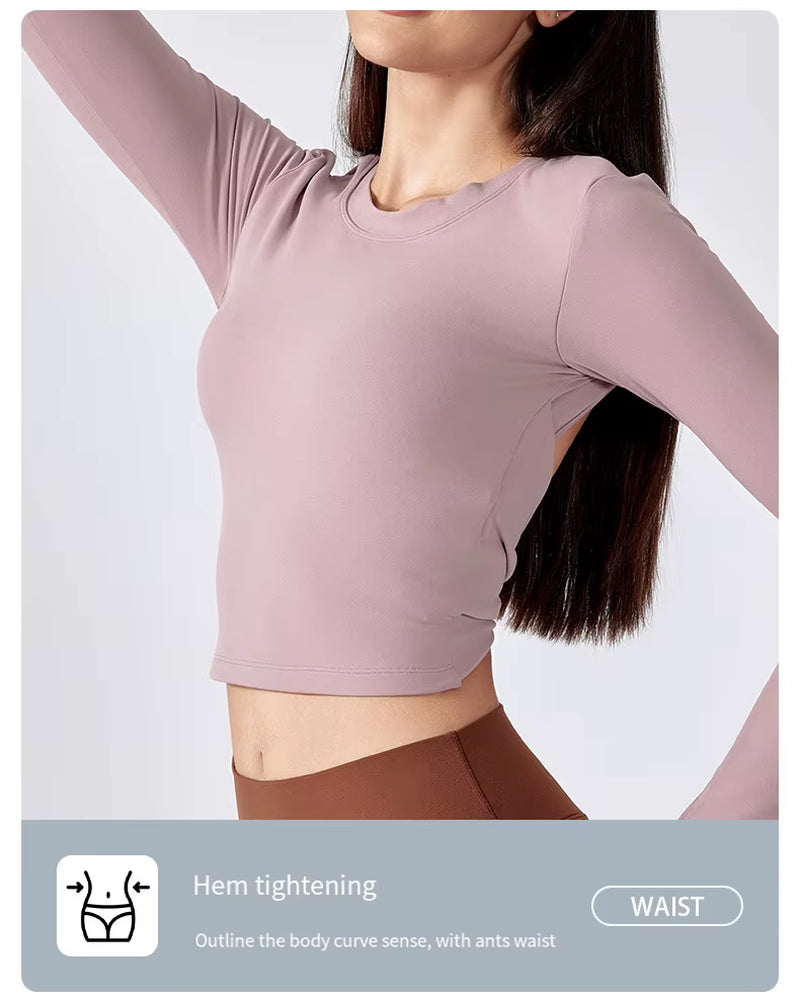 Women'S Breathable Regular Sport Bra Top Long Sleeves Running Short Backless Fitness T-Shirt with Seamless Chest Pads