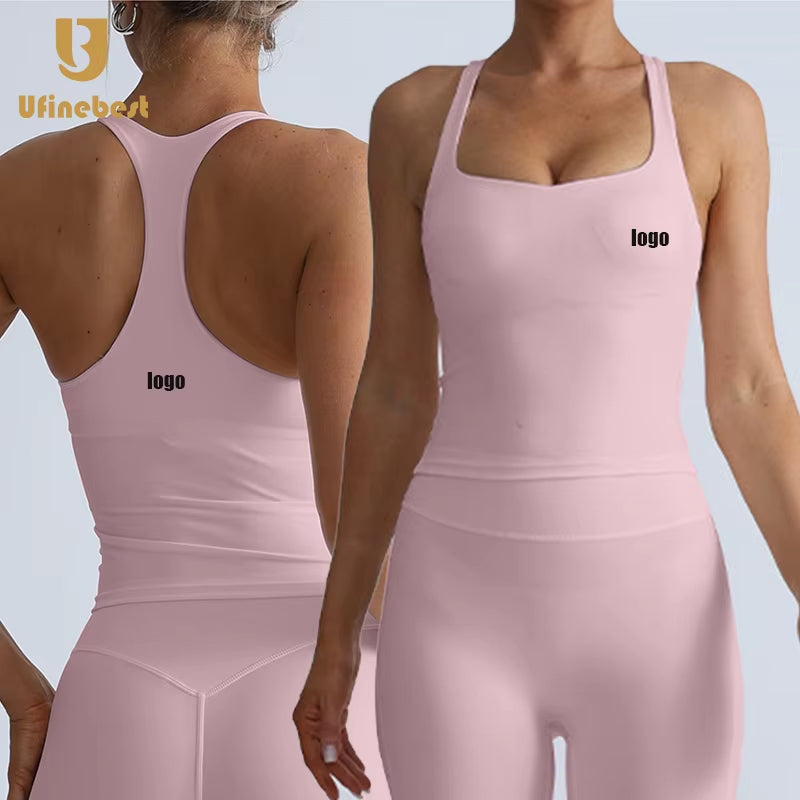 Women'S High-Waist Yoga Vest with Built-In Padded Bra Casual Solid Fitness Top Sleeveless plus Size Sweat-Wicking & Naked Feel