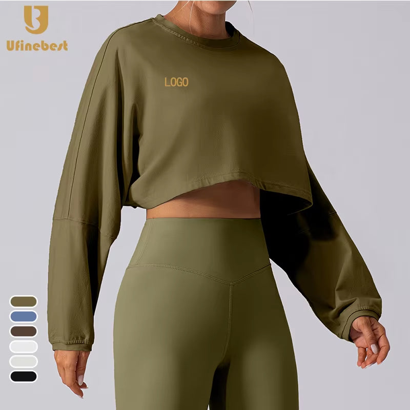 Wholesale Custom Logo Women Crew Sweatshirt Crop Top T-Shirt Gym Tops for Women