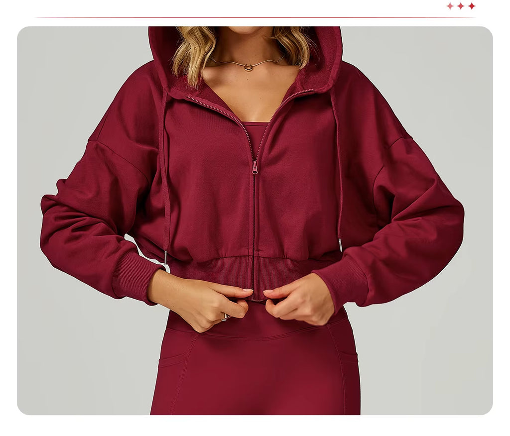 Women'S Loose Casual Crop Hoodies Full Zipper Breathable Sports Jacket Hood Autumn Long Sleeve Sweatshirts Custom Logo Knitted