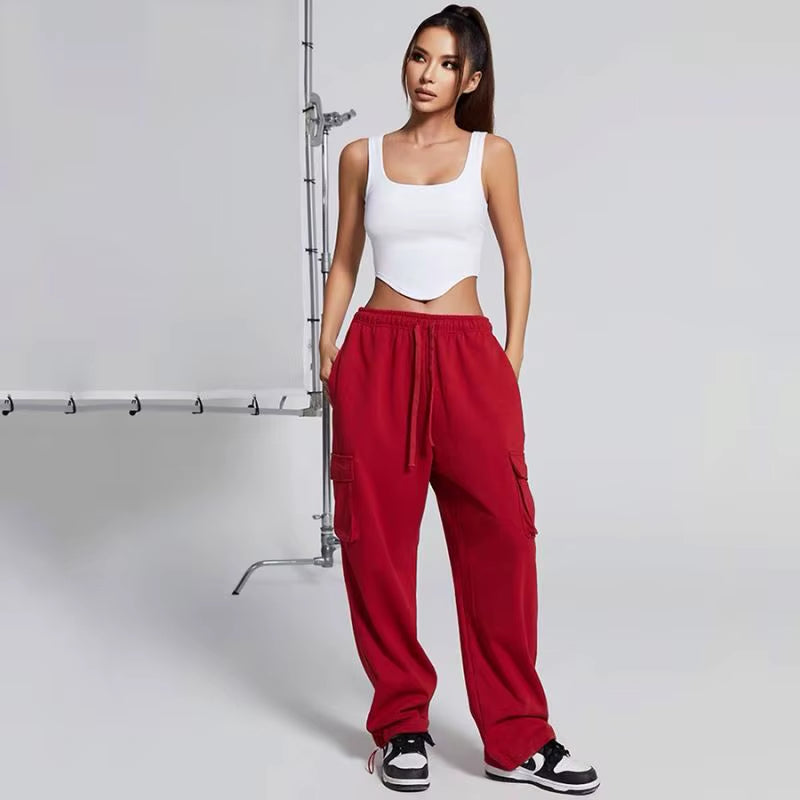 Women'S Cotton Drawstring Cargo Pants Girls' Comfortable Fitness Running Workout Dance Street Casual Wear Mid Harem Baggy Loose