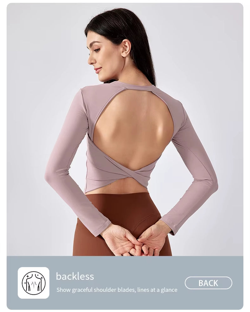 Women'S Breathable Regular Sport Bra Top Long Sleeves Running Short Backless Fitness T-Shirt with Seamless Chest Pads