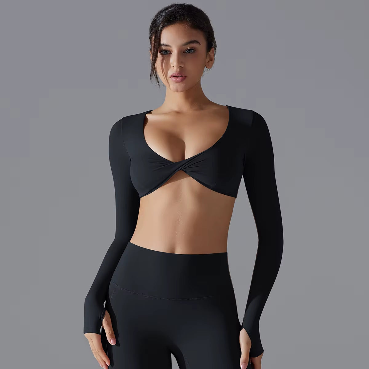 Yoga Wear Sports Gathering Long Sleeve Solid Color Slim-Fit Elastic Fitness Shaping Running Training Top for Women