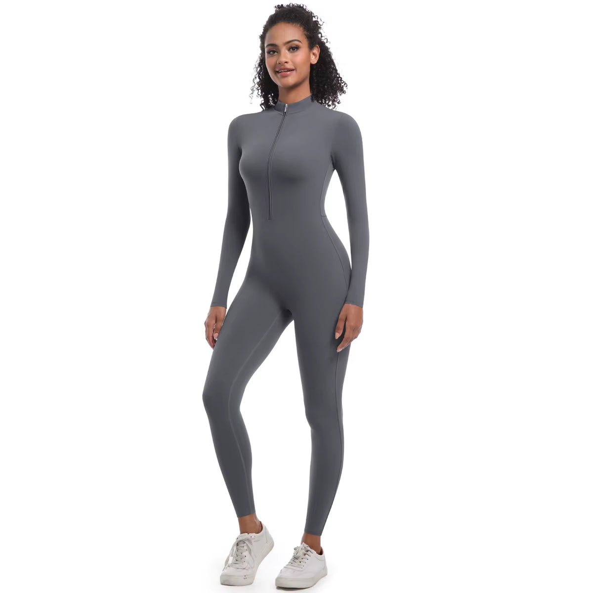 New High Elastic Long Yoga Jumpsuit Half Zipper Solid Color Fitness Bodysuit
