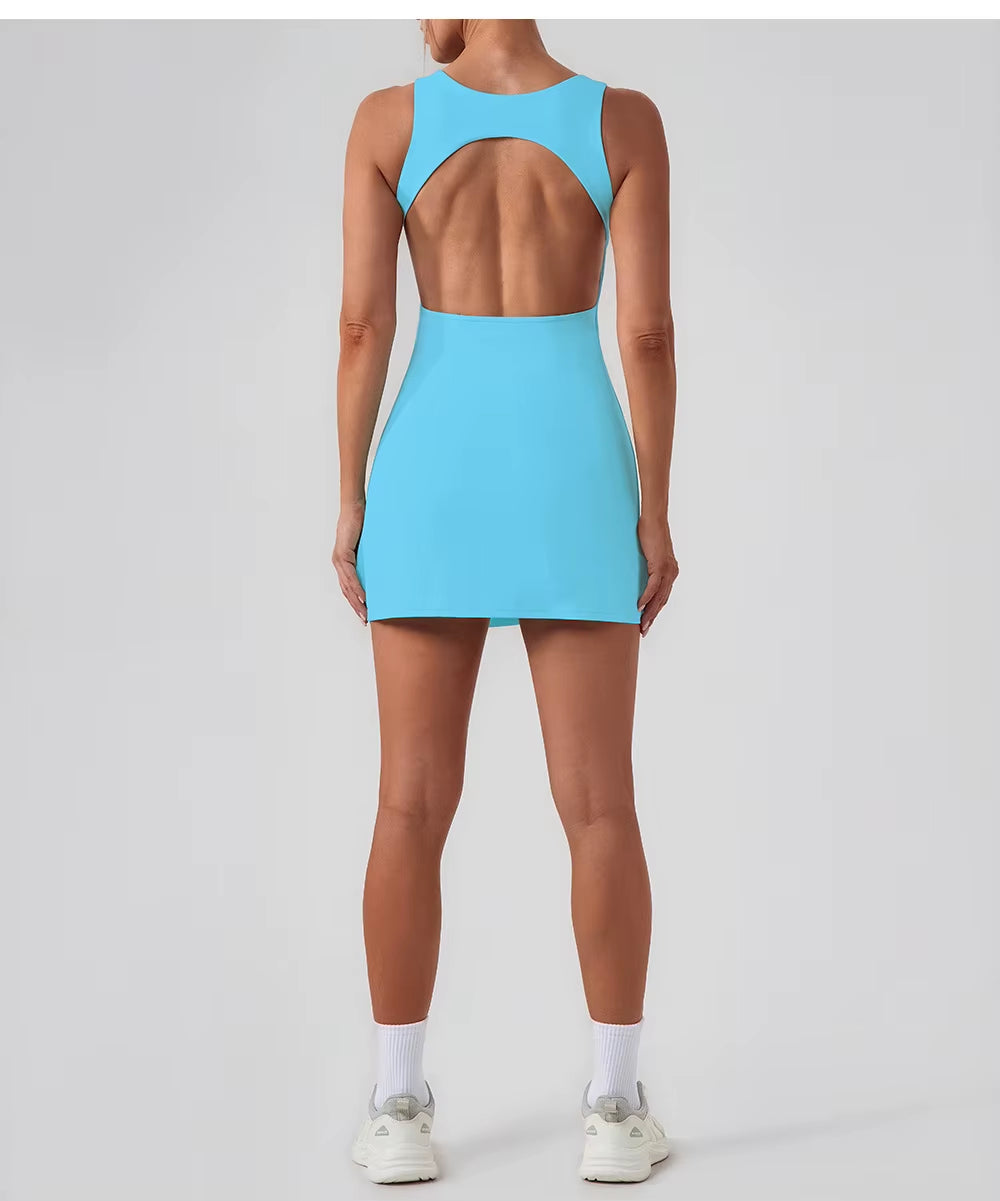 Women'S Lightweight Breathable Outdoor Fitness Running Golf Sports Dress Cross-Border Backless Solid Color Yoga Tennis Sets