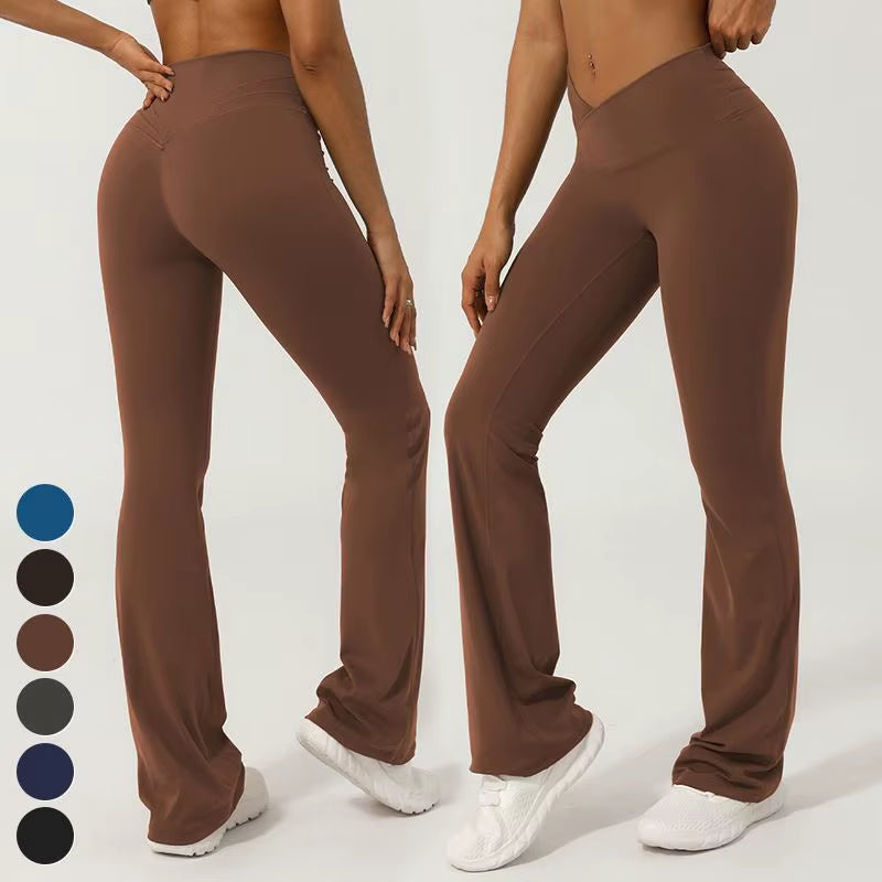 High Waist Gym Pants with Cross V Waistband No Front Seam Wide Leg Fitness Trousers Butt Lifting Yoga Leggings Solid Pattern