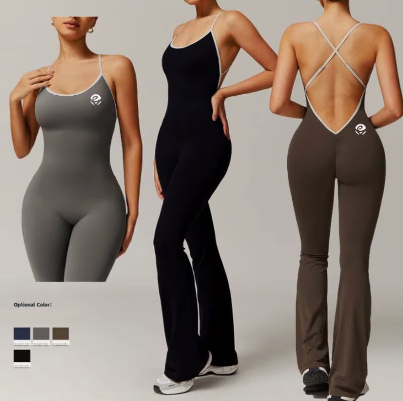 Gym Workout Romper Quick Dry One Piece Yoga Flared Leggings Women'S Jumpsuits Onesie Workout Stretchy Jumpsuit