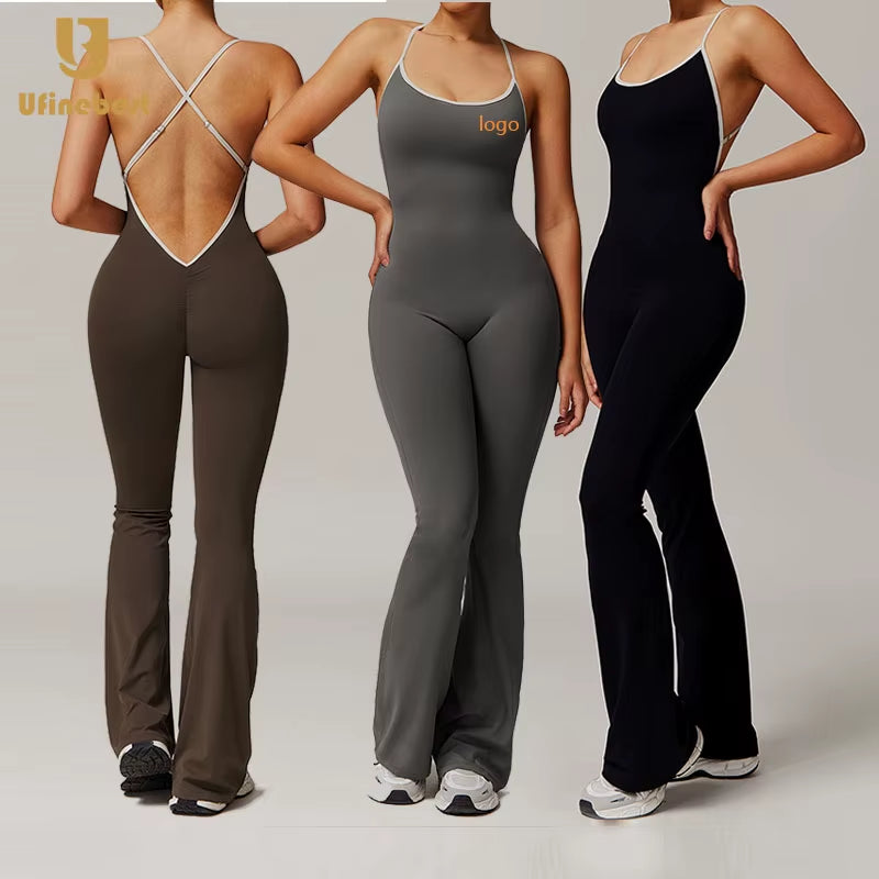 Gym Workout Romper Quick Dry One Piece Yoga Flared Leggings Women'S Jumpsuits Onesie Workout Stretchy Jumpsuit