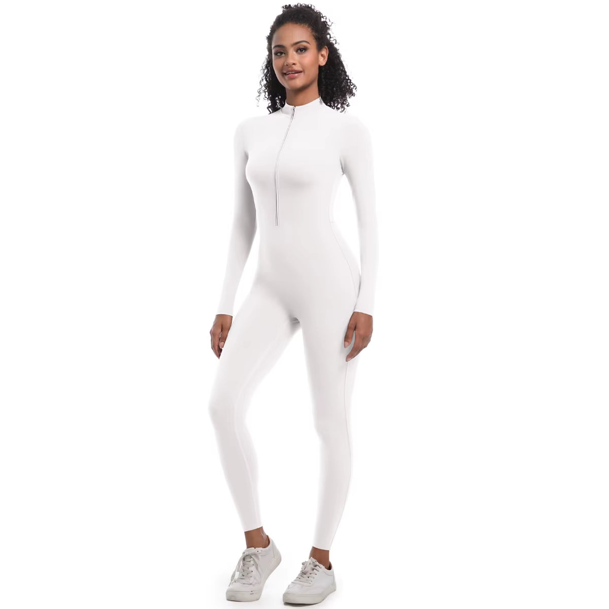 New High Elastic Long Yoga Jumpsuit Half Zipper Solid Color Fitness Bodysuit