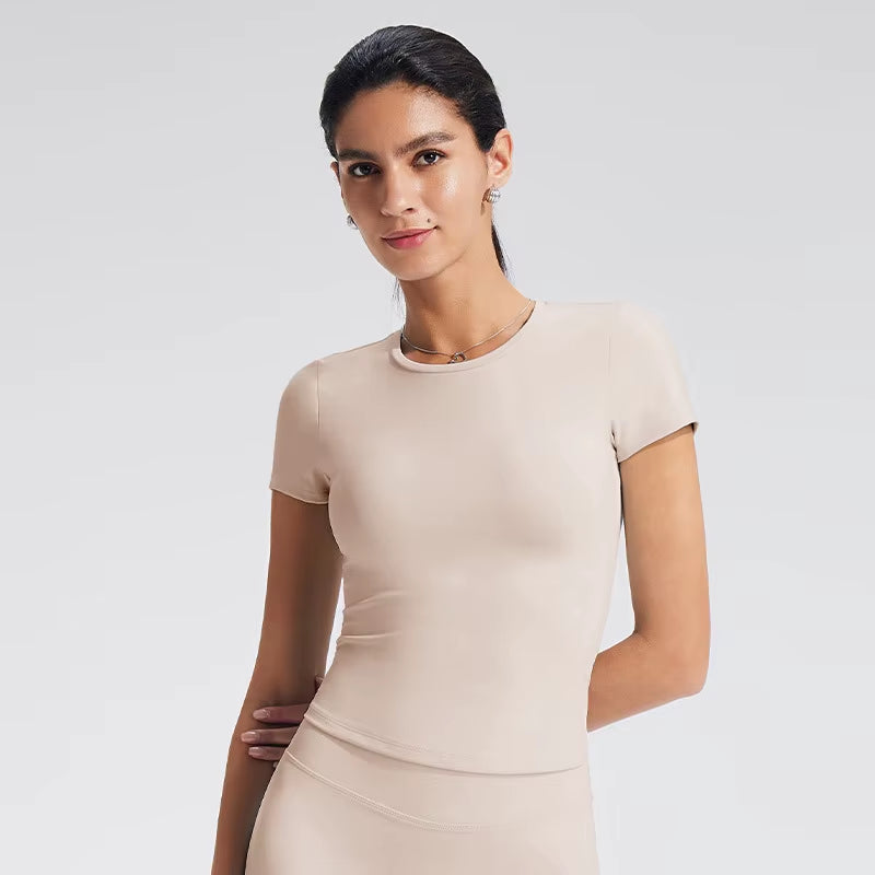 Naked Crewneck Shoulder Nine Quarter Sleeve Slim-Fit Casual Fitness Sports Top Yoga Clothes Breathable for Women