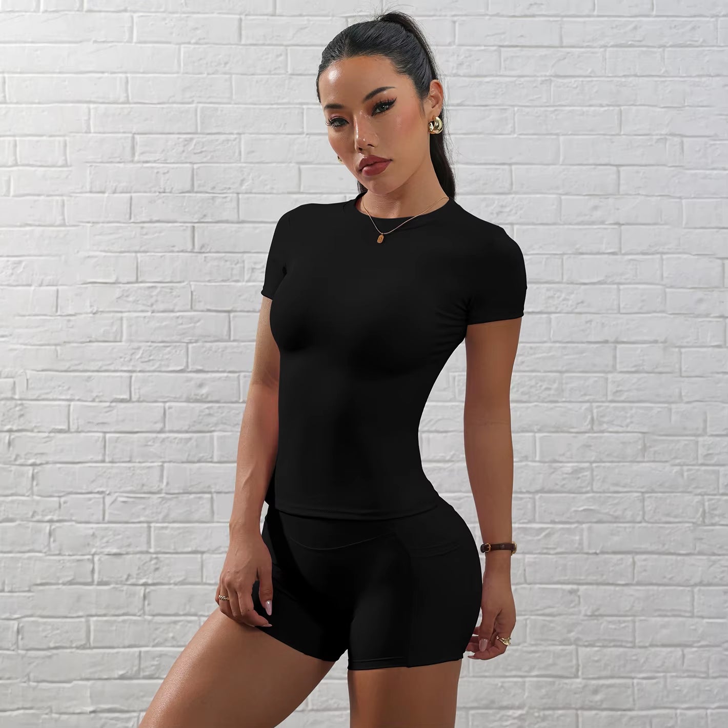 Ladies 2-Piece Yoga Shorts Set Gym High Elastic Waist Mesh Print Spandex/Nylon Casual Short Leggings Daily Wear Summer Sets