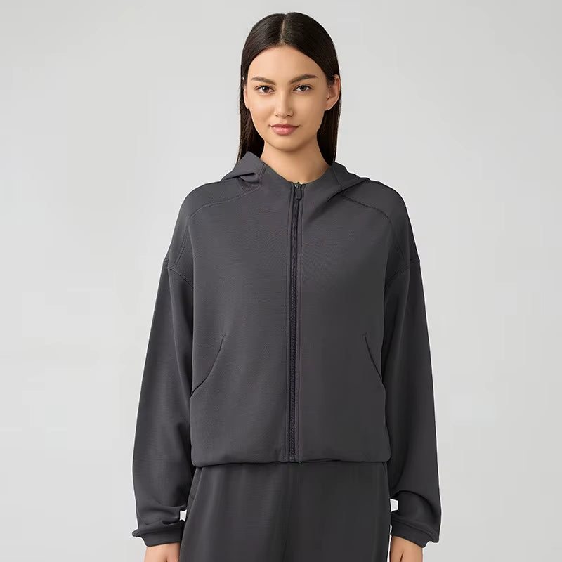 Yoga Women'S Full Zip Long Sleeve Casual Hoodie Fitness Tops Loose Sweater Hooded Sweatshirt Jacket Breathable Running Jacket