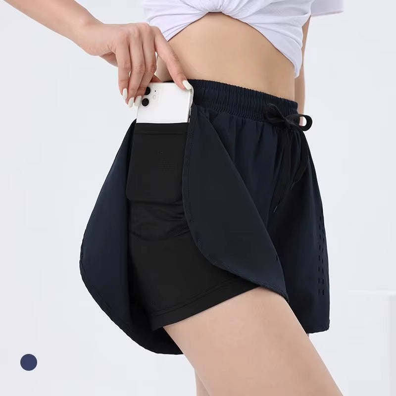 Women'S Double Layer Fitness Gym Shorts with Pocket Tight Sports Fabric Workout Pants Solid Pattern Yoga Shorts