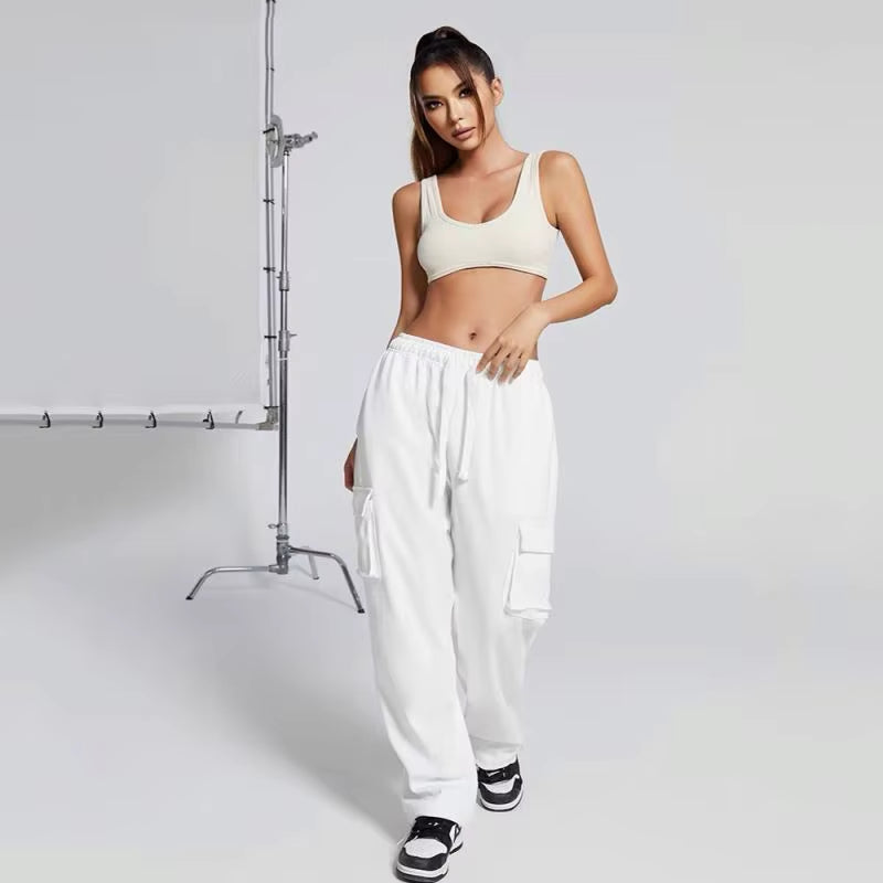 Women'S Cotton Drawstring Cargo Pants Girls' Comfortable Fitness Running Workout Dance Street Casual Wear Mid Harem Baggy Loose
