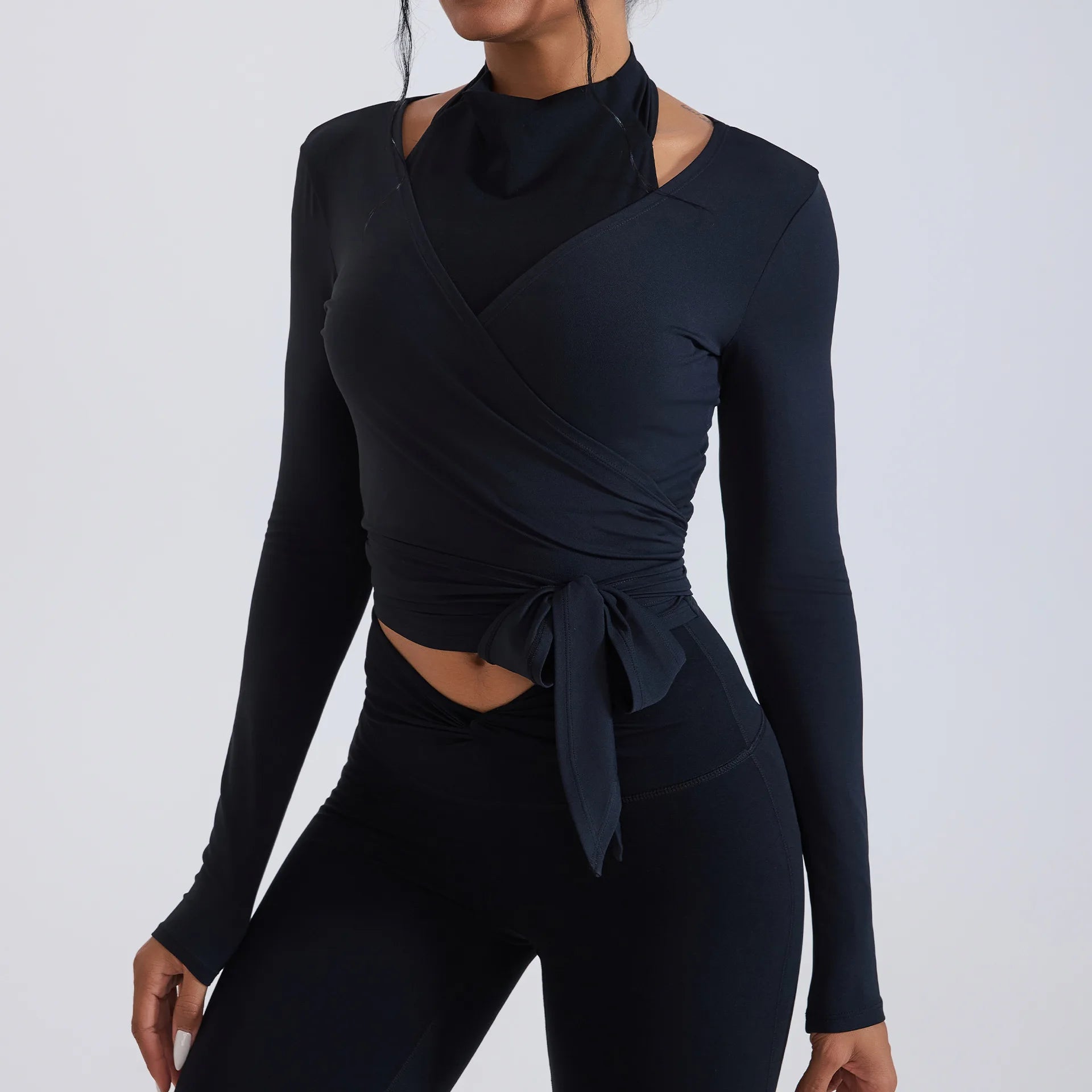 New Lady Ballet Style Long Sleeves Sports Top Women Slim Cross Gather Crop Workout Top Running V Neck Solid Color Fitness Shirt