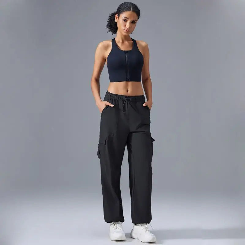 Women'S Lightweight High Waist Cargo Pants with Drawstring Closure Wide Leg Baggy Hiking Trousers Elastic Waist and Pockets