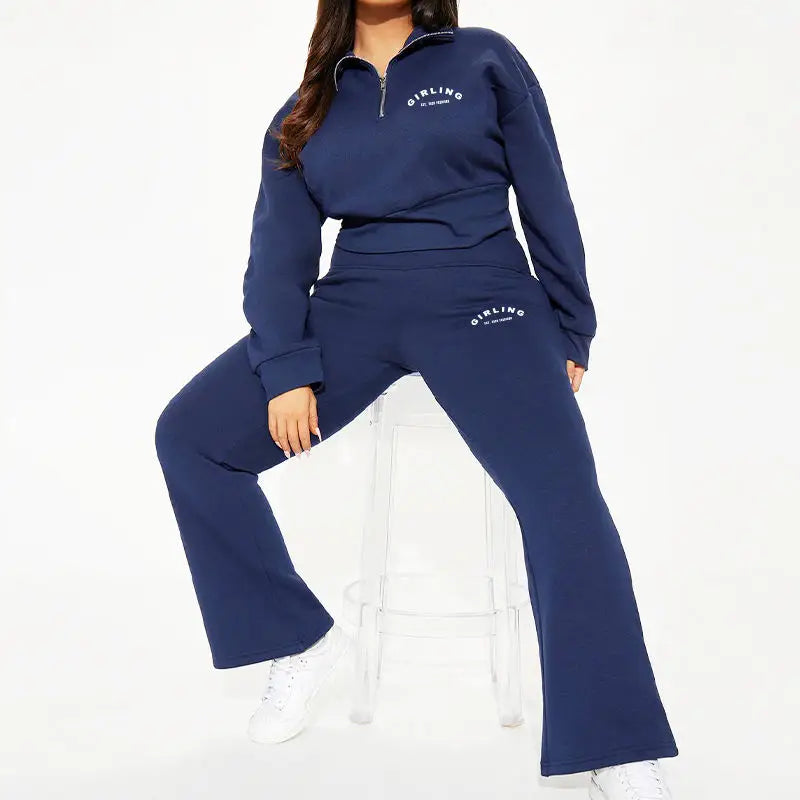 Custom Cotton Fleece Screen Print Crop Top Hoodies and Joggers Set Women'S Quarter Zip Sweatshirts Set Clothing Manufacturers