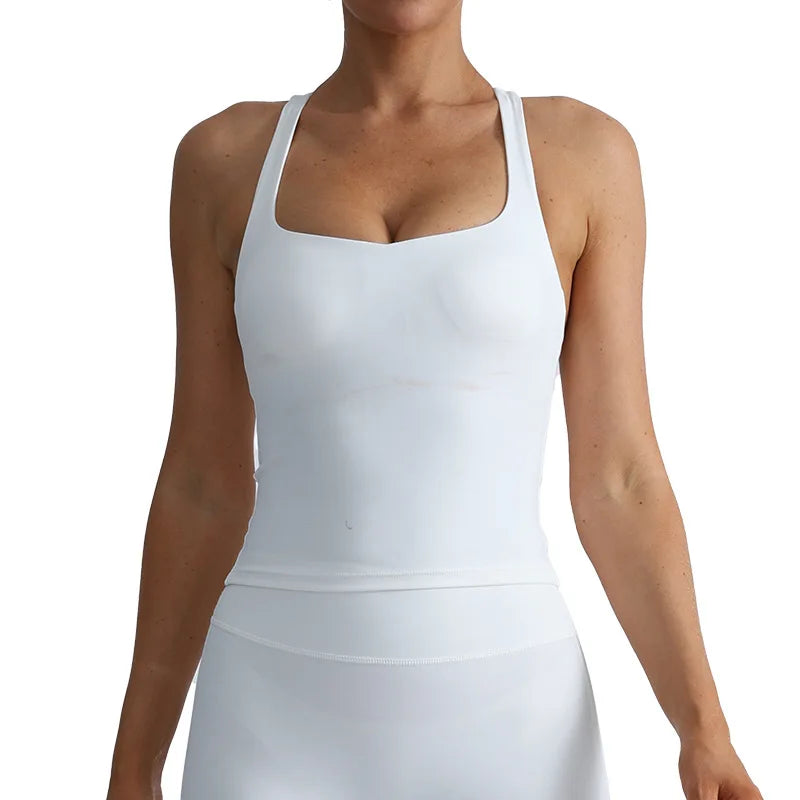 Women'S High-Waist Yoga Vest with Built-In Padded Bra Casual Solid Fitness Top Sleeveless plus Size Sweat-Wicking & Naked Feel