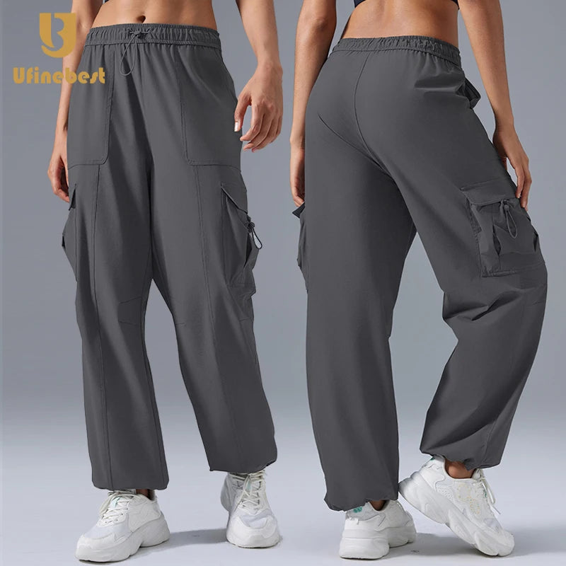 Women'S Lightweight High Waist Cargo Pants with Drawstring Closure Wide Leg Baggy Hiking Trousers Elastic Waist and Pockets