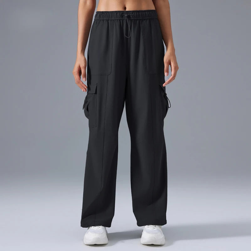 Women'S Lightweight High Waist Cargo Pants with Drawstring Closure Wide Leg Baggy Hiking Trousers Elastic Waist and Pockets