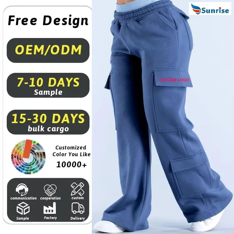 Women'S 100% Cotton Cargo Sweatpants Breathable Athletic Joggers with Wide Leg and Straight Waist Winter Logo Pant Style