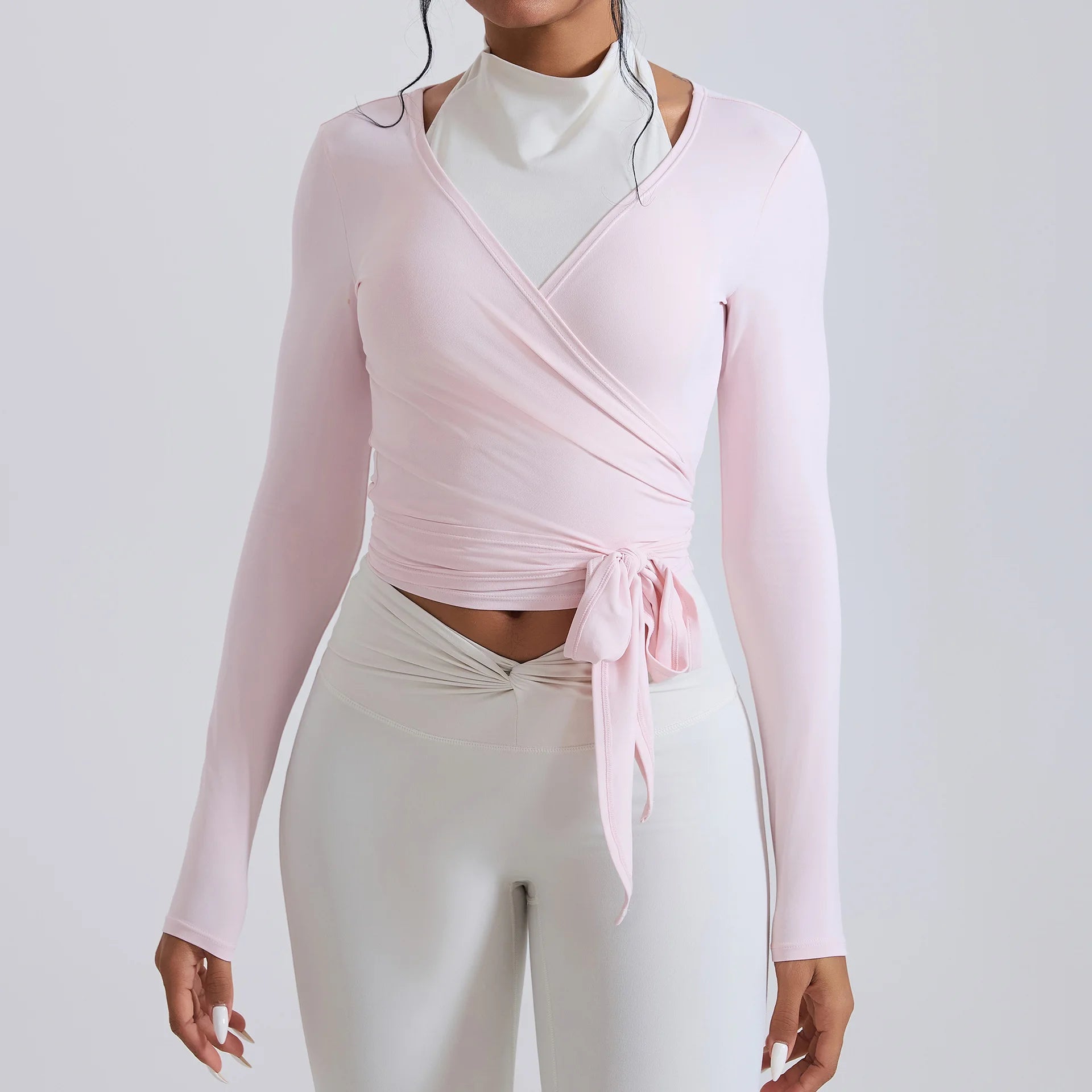 New Lady Ballet Style Long Sleeves Sports Top Women Slim Cross Gather Crop Workout Top Running V Neck Solid Color Fitness Shirt