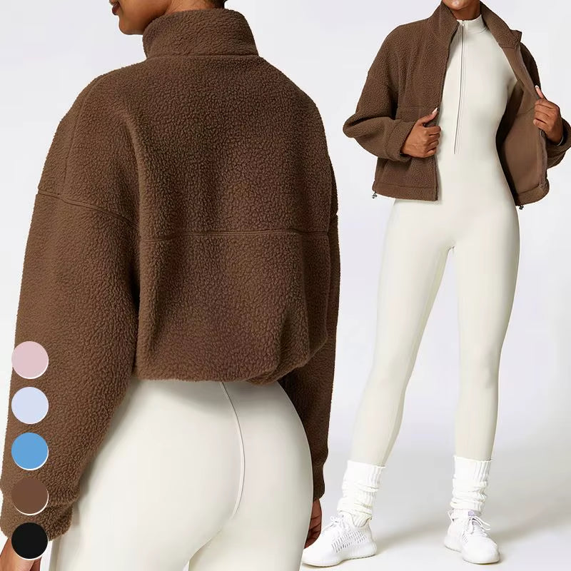 Custom Shaker Outdoor Running Jackets Yoga Winter Warm Coat Stand Collar Fitness Jacket Fleece Zipper Women Sports Jacket