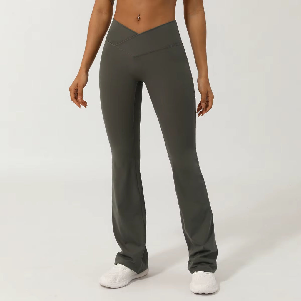 High Waist Gym Pants with Cross V Waistband No Front Seam Wide Leg Fitness Trousers Butt Lifting Yoga Leggings Solid Pattern