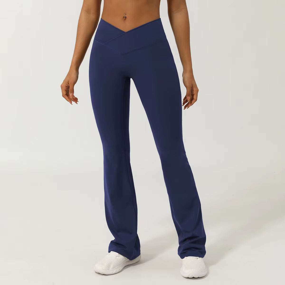 High Waist Gym Pants with Cross V Waistband No Front Seam Wide Leg Fitness Trousers Butt Lifting Yoga Leggings Solid Pattern