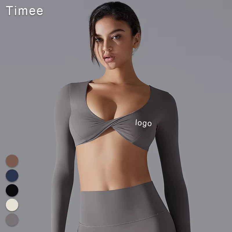 Yoga Wear Sports Gathering Long Sleeve Solid Color Slim-Fit Elastic Fitness Shaping Running Training Top for Women