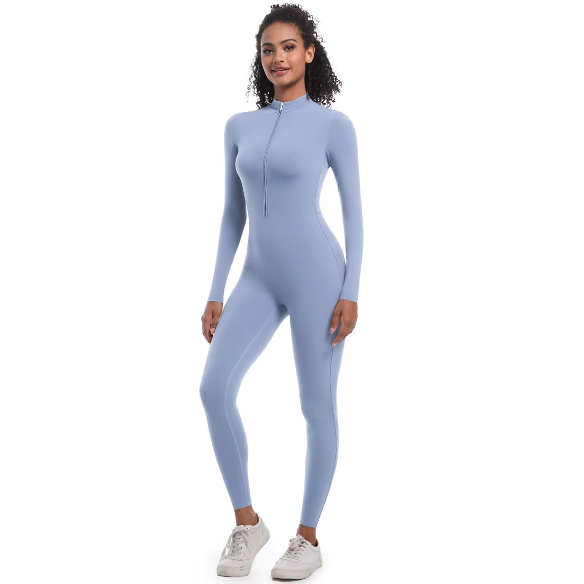 New High Elastic Long Yoga Jumpsuit Half Zipper Solid Color Fitness Bodysuit