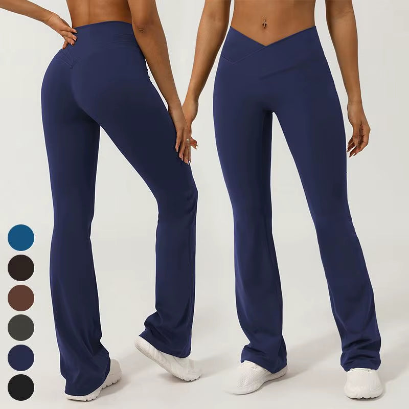 High Waist Gym Pants with Cross V Waistband No Front Seam Wide Leg Fitness Trousers Butt Lifting Yoga Leggings Solid Pattern