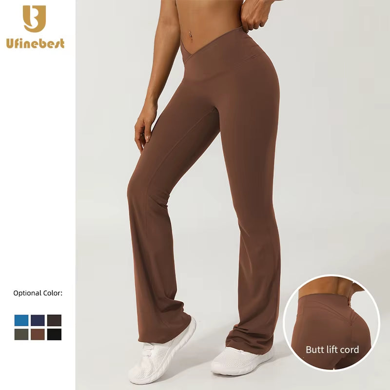 High Waist Gym Pants with Cross V Waistband No Front Seam Wide Leg Fitness Trousers Butt Lifting Yoga Leggings Solid Pattern