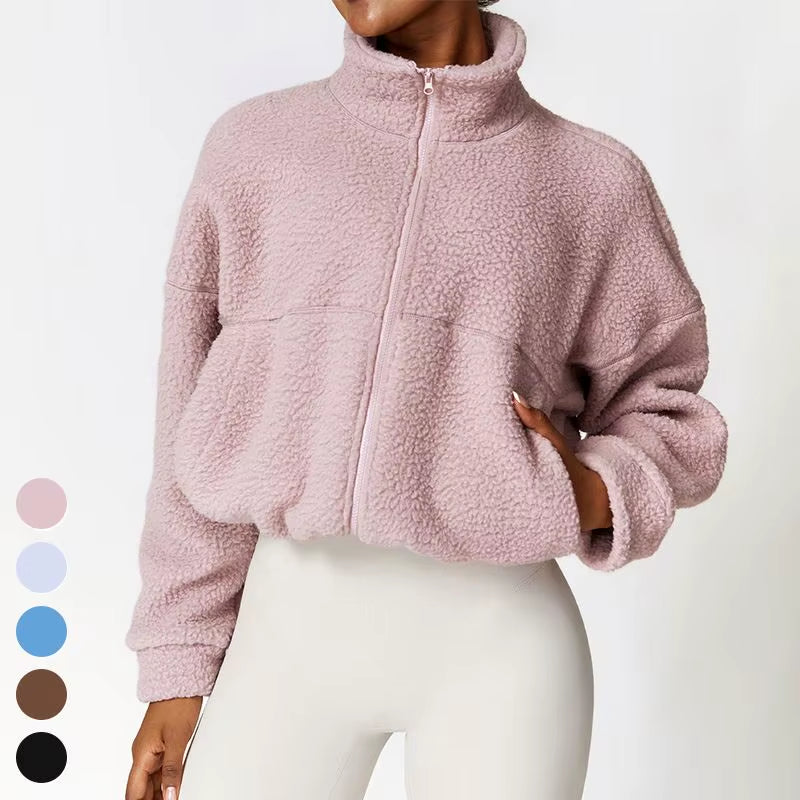 Custom Shaker Outdoor Running Jackets Yoga Winter Warm Coat Stand Collar Fitness Jacket Fleece Zipper Women Sports Jacket