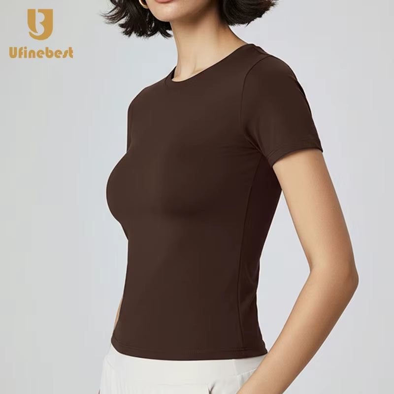 Solid Nude-Feel Yoga Top Casual Fitness T-Shirt Neck Slim Fit Quick-Drying Sports Cycling Short T Shirts for Summer