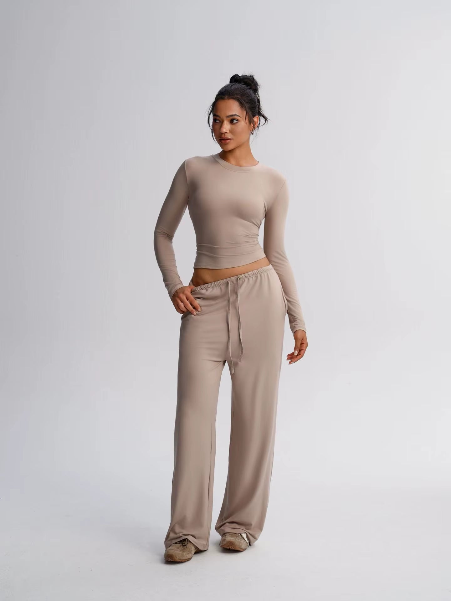 Under Lulu Custom Solid Color Casual Long Sleeve Suit Top High Waist Wide Leg Pants Sports Yoga 2-Piece Set Drawstring Closure