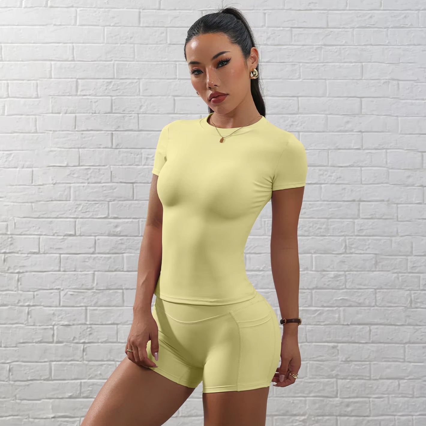 Ladies 2-Piece Yoga Shorts Set Gym High Elastic Waist Mesh Print Spandex/Nylon Casual Short Leggings Daily Wear Summer Sets